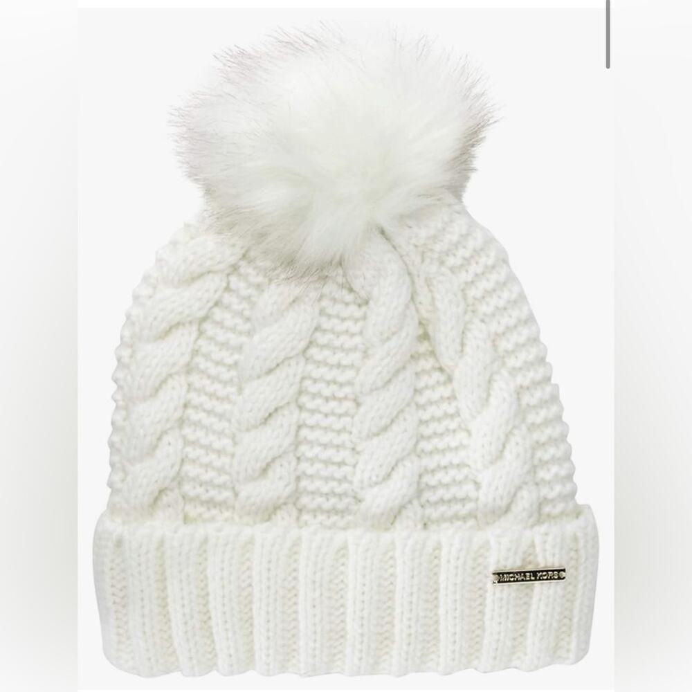NWT - Michael Michael Kors - Women`s Cable Knit Teddy Fleece Faux Fur Pom Po…